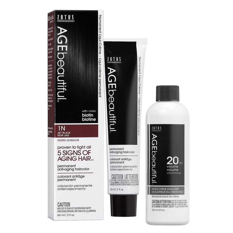 AGE beautiful Permanent Hair Color Dye Liqui Creme & Developer 20 Volume | 100% Gray Coverage | Anti-Aging | Biotin for Thicker, Fuller, Healthier Hair | 1N Jet Black