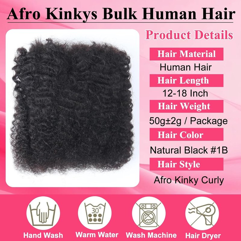 Afro Kinky Curly Human Hair Bulk - 18 Inch 50g Bundle for Braids | No Weft Dreadlock Extensions in Natural Black
