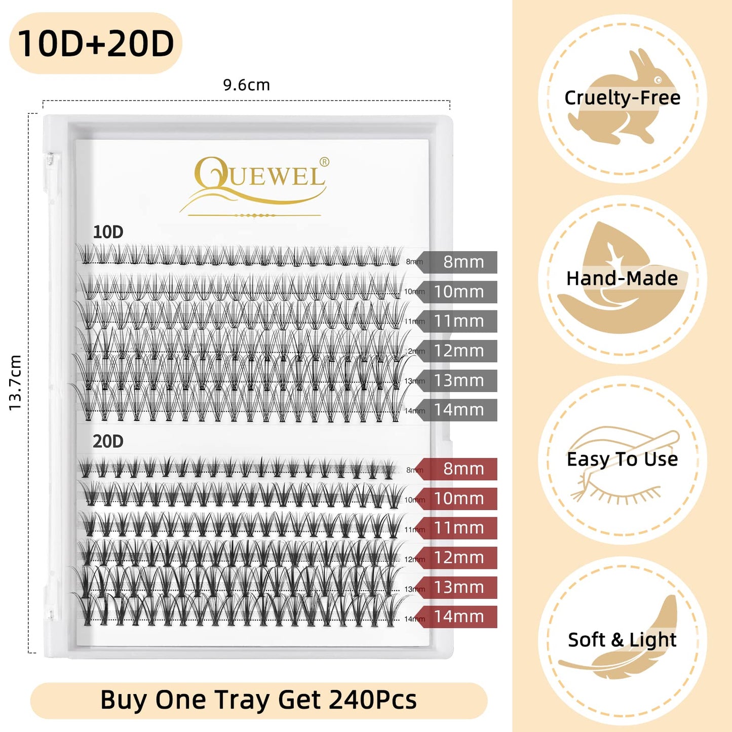 QUEWEL DIY Lash Extension Kit 240 Pcs Lash-Clusters-Kit, Eyelash Clusters Applicator Tool, Super Hold Cluster Lashes Bond and Seal, Clusters Eyelash Glue Remover Easy to Use at Home(10D+20D)