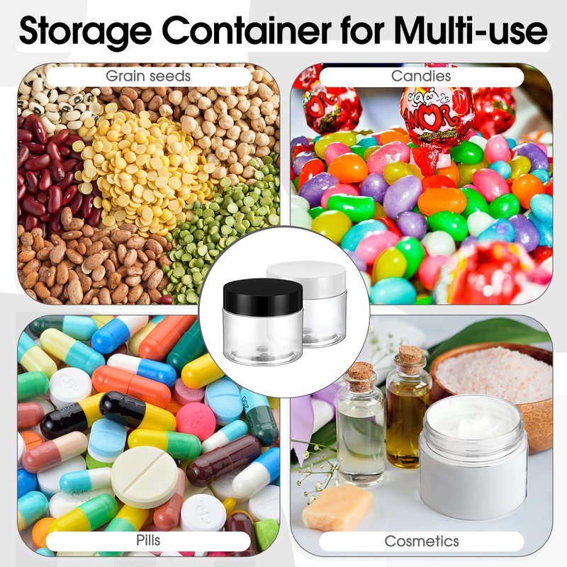 Meanplan 100 Pcs 2 oz Plastic Container Jars Clear Round Cosmetic Container with Lids, Plastic Jars with Screw Lids for Travel Storage, Kitchen Use, DIY Crafts(Black, White, PP)