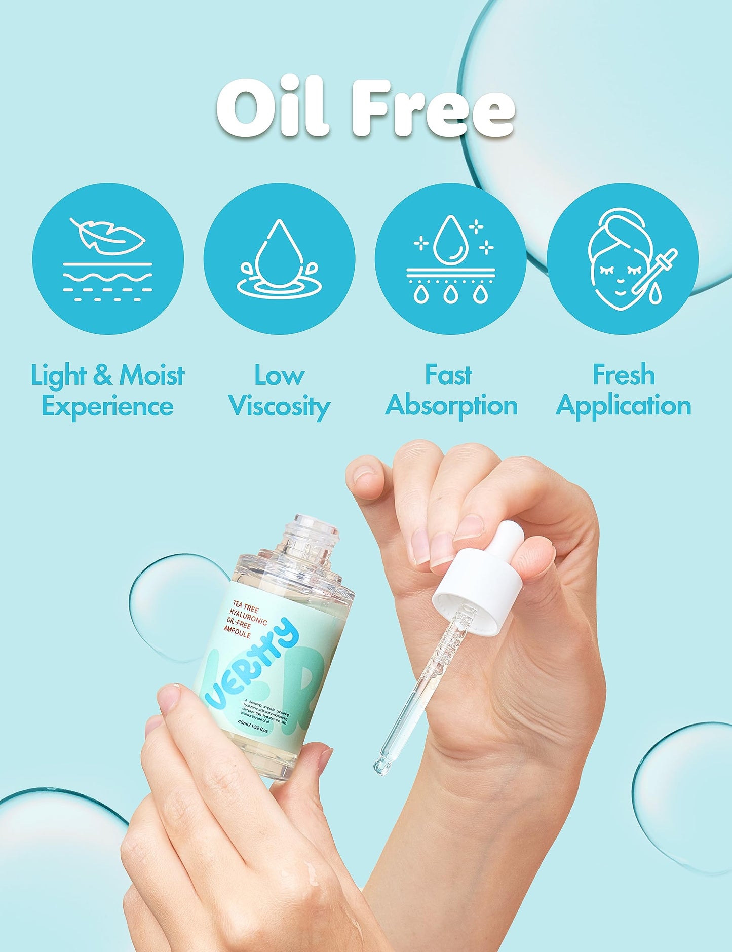 Vertty Tea Tree Hyaluronic Oil Free Ampoule | Hydrating, Moisturizing, Redness Relief Serum | Blemish Skin Corrector Serum | Non-Comedogenic Moisturizer for face | Long-lasting Hydration (1.5oz)