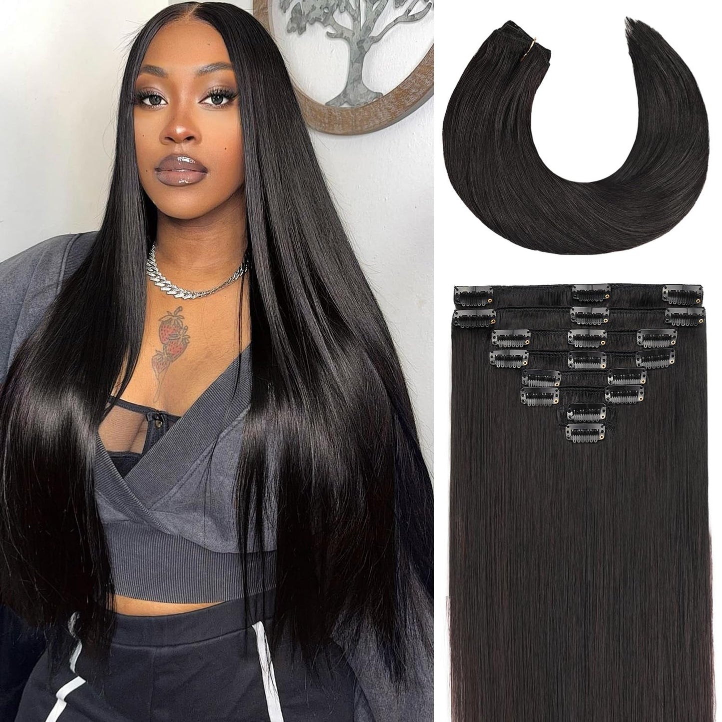 PSIOOL 1B Natural Black Human Hair Clip In Extensions - 18 Inch Straight Seamless 8pcs/100g, Real Remy Invisible Clip Ins for Women（Cabello Humano)