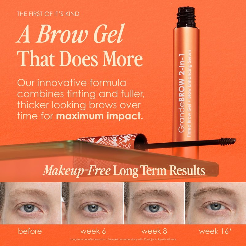 Grande Cosmetics GrandeBROW 2-in-1 Tinted Brow Gel + Brow Enhancing Serum for Thicker & Darker-Looking Eyebrows, Shape & Fill Brows, with Castor Oil & Mini Fibers - Medium, Full Size (0.12 fl oz)