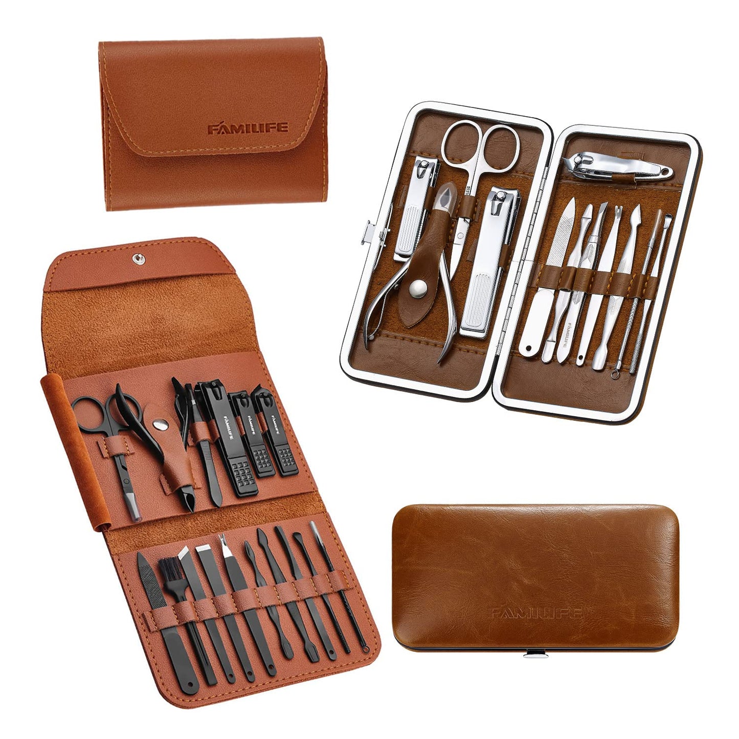 FAMILIFE Manicure Pedicure Kit Professional Nail Clippers Set Men and Women 12 Pcs and 16pcs Grooming Kit Gifts for Men