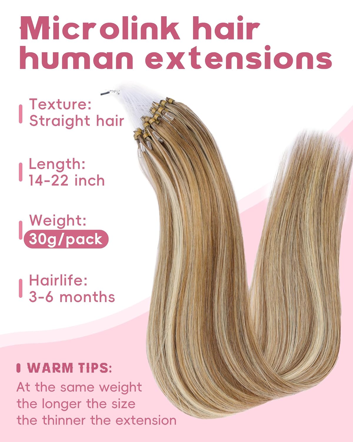 Microlink Hair Extensions - 20 Inch Human Hair, Chocolate Brown to Caramel Blonde | Invisible Straight, 30g