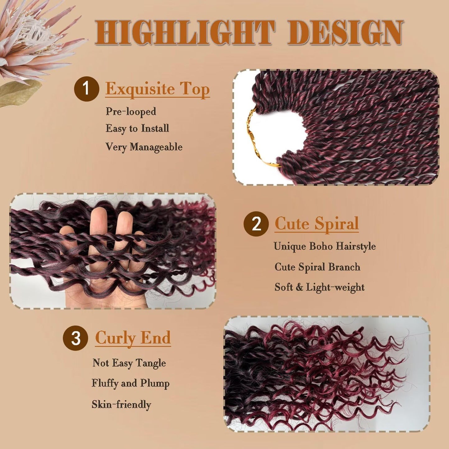 Boho Island Twist Crochet Hair 8 Packs 18 Inch Omber Burgundy Pre-Looped Goddess Senegalese Twist Crochet Hair with Curly Ends Boho Style Braids for Women T1B/BUG#