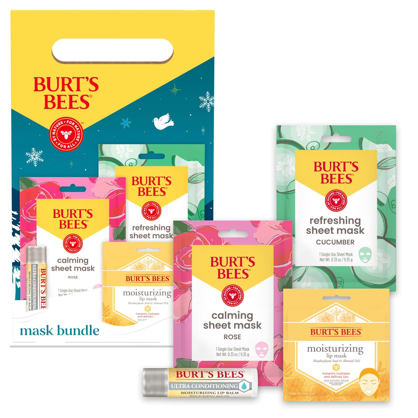 Burt's Bees Mask Bundle Gift Set; , Ultra Conditioning Lip Balm and Moisturizing Lip, Refreshing Sheet and Calming Sheet Masks; Festive Packaging; 1 Gift Set