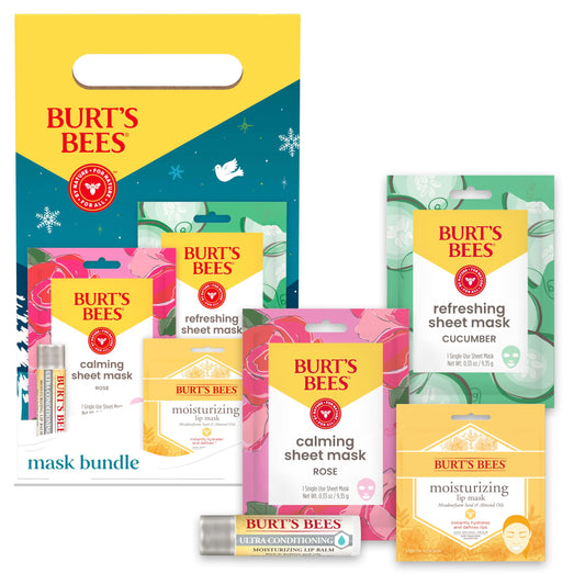 Burt's Bees Mask Bundle Gift Set; , Ultra Conditioning Lip Balm and Moisturizing Lip, Refreshing Sheet and Calming Sheet Masks; Festive Packaging; 1 Gift Set