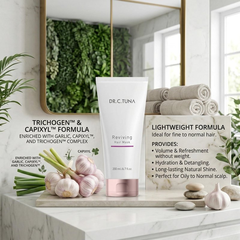 FARMASi Dr. C. Tuna Reviving Hair Mask, Lightweight Nourishing Formula with Garlic Extract, Capixyl & Trichogen, Softening & Shine-Enhancing Care for All Hair Types, 6.7 fl oz