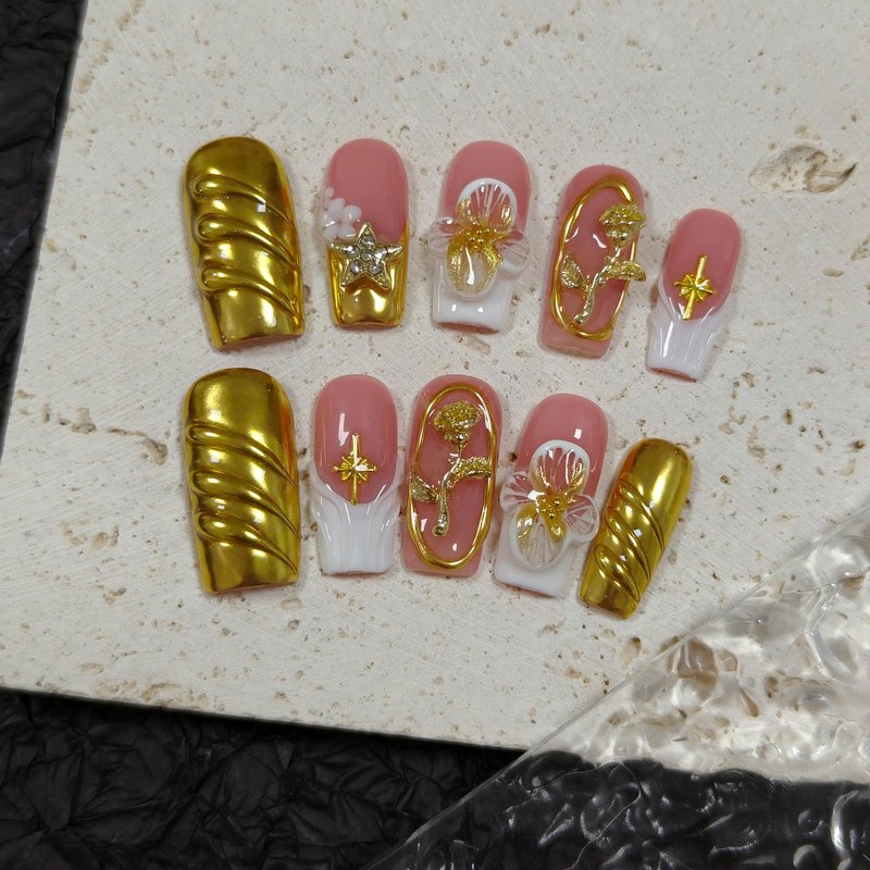 TENPAL Luxury Handmade Press on Nails Medium Long Square,Sheer French Tips White Gold Fake Nails For Women Girls,3D Rose Embossed Glossy False Nails for Parties Daily Vacations(L)