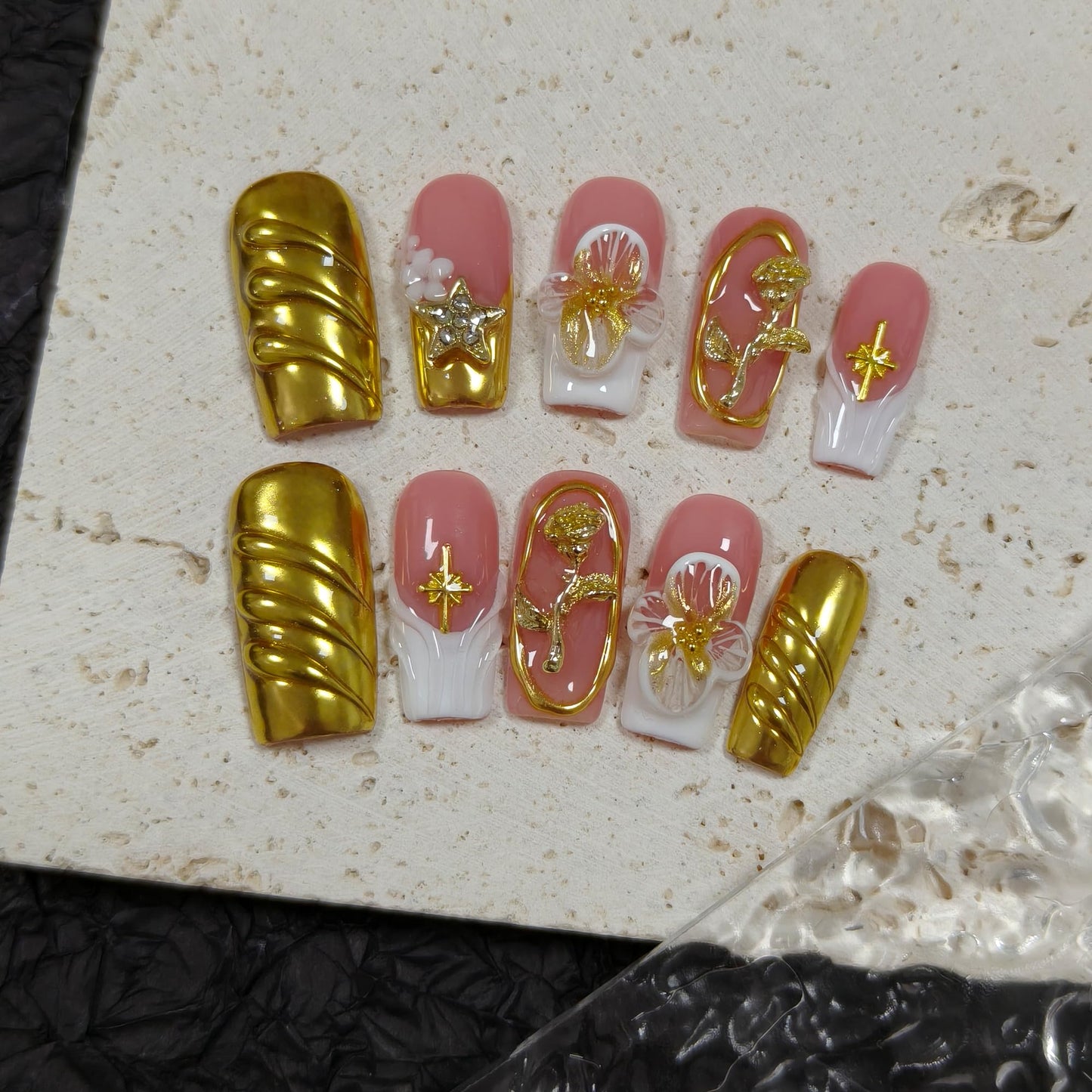 TENPAL Luxury Handmade Press on Nails Medium Long Square,Sheer French Tips White Gold Fake Nails For Women Girls,3D Rose Embossed Glossy False Nails for Parties Daily Vacations(L)