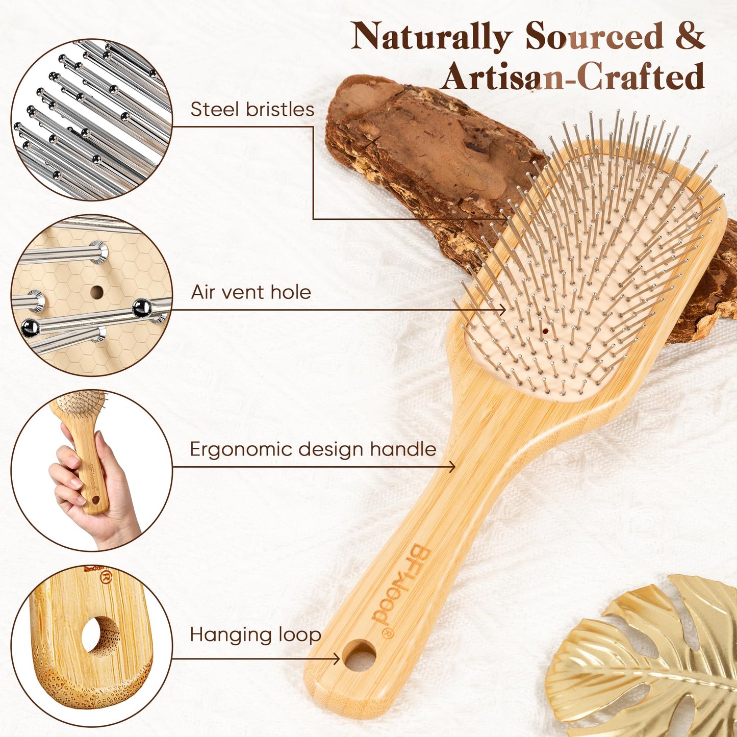 BFWood Bamboo Hair Brush with Steel Bristles, Metal Hair Brush Help Hair Growth and Massaging Scalp, Anti-frizz Metal Detangling Brush Styling Hairbrush