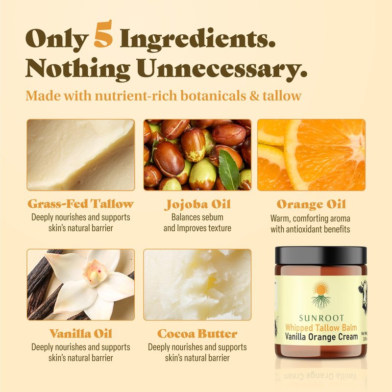 Sunroot Naturals Whipped Tallow Balm, Vanilla Orange Cream Moisturizer, Natural Ingredients, 4oz Glass Jar, Face and Body Care