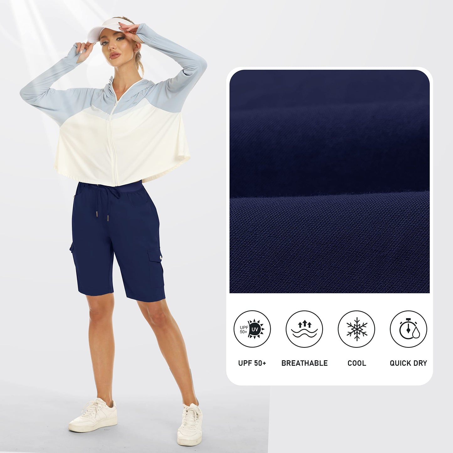 MoFiz Women's 10" Hiking Cargo Shorts Stretch Active Running Long Shorts Quick Dry Outdoor Running Summer Shorts with Pockets Navy L