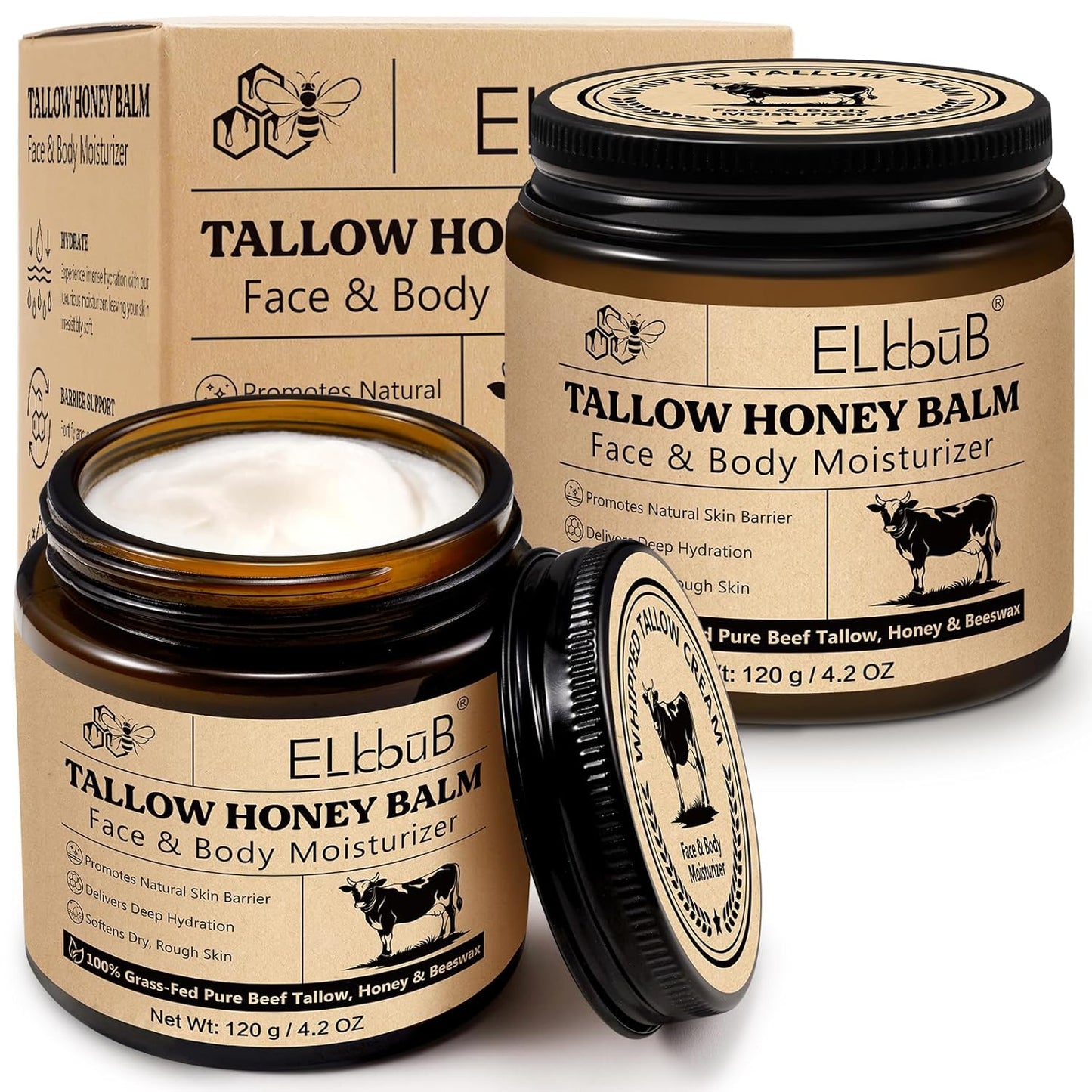 Whipped Tallow Cream for Face & Body - Grass-Fed Beef Tallow, Natural Honey & Beeswax Moisturizer | Deep Hydration, Oil-Free, Unscented