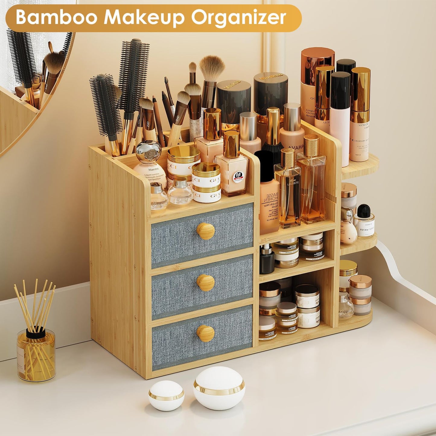 Large Makeup Organizer Countertop For Vanity Dresser, Bamboo Bathroom Counter Organizers And Storage,Cosmetic Skincare Perfume Organizer With 3 Makeup Brush Holder/2 Drawers/5 Shelves /8 Compartments