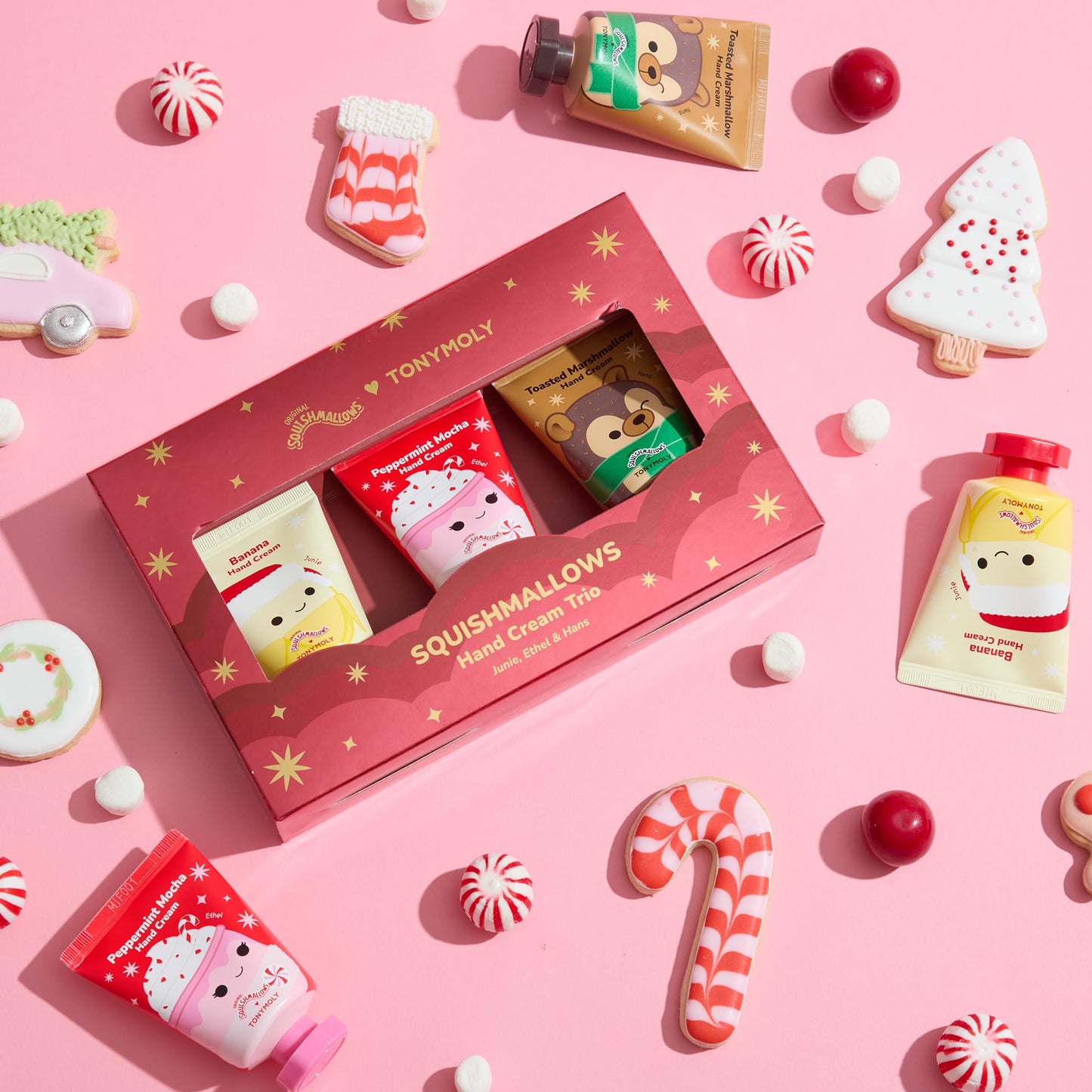 TONYMOLY x Squishmallows Holiday Hand Cream Set | Limited Edition Moisturizing Hand Cream Trio with Junie Banana, Hans Toasted Marshmallow & Ethel Peppermint Mocha | Soft, Hydrated Hands