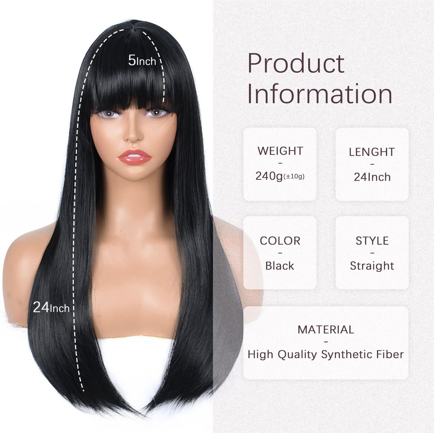Aida ble Black Wig with Bangs Long Straight Black Wigs for Women Heat Resistant Synthetic Wig for Girls Daily Use Party Halloween Cosplay Wig 24inch