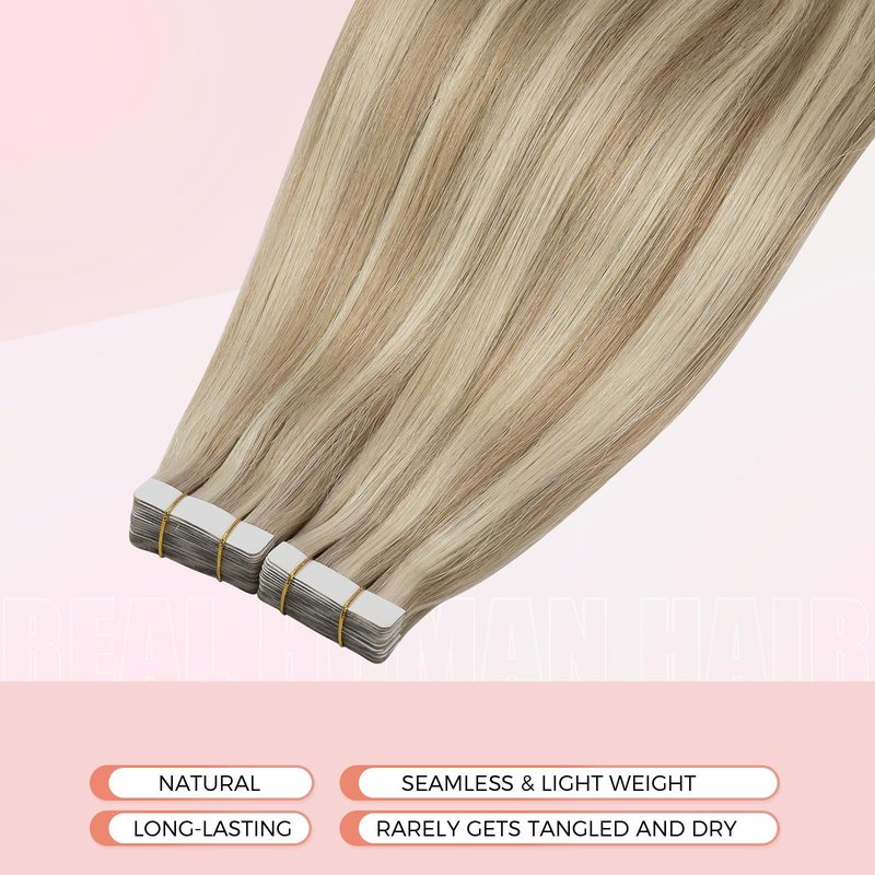 MEI YUAN LIN tape hair extensions real human hair 16 Inch Color 18 Ash Blonde and 613 Light Blonde Invisible Tape Ins PU weft 50Grams 20Pcs Silky Straight