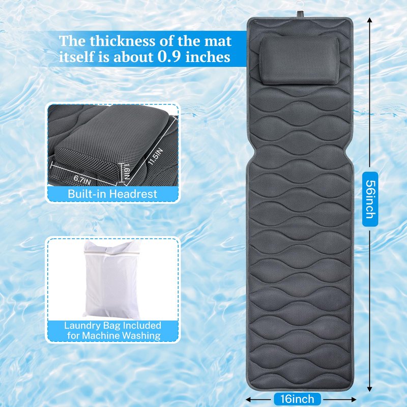 TranquilRelax Bath Pillow for Tub with Laundry Bag & 17 Non-Slip Suction Cups, Extra Thick and Soft Bathtub Pillow for Head, Neck & Shoulder Support, 56" x 16" Grey