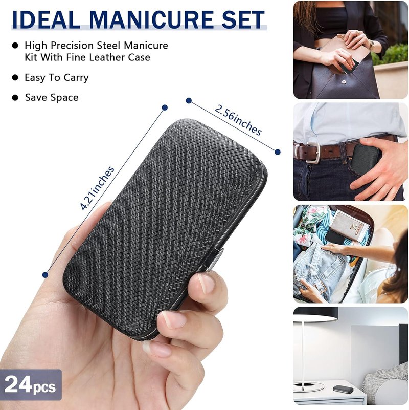 24-Piece Valentine Manicure Set | Stainless Steel Nail Clippers & Grooming Tools Kit with Travel Case - Black