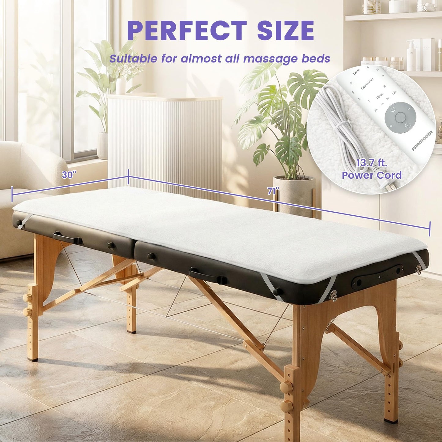 Massage Table Warmer Heating Pad Professional Massage Bed Warmer with 4 Timer, 8 Heat Settings, Overheat Protection for Massage Bed & Spa, Lightweight and Compact for Easy Portability, 30" x 71"