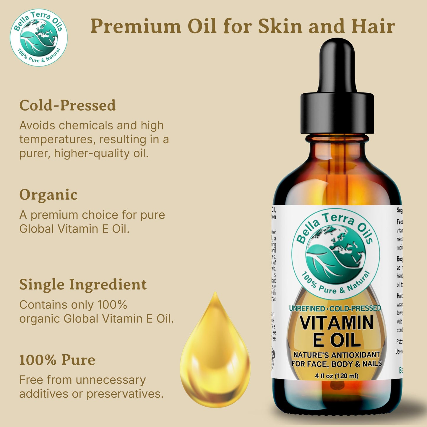 Bella Terra Oils Natural Vitamin E Oil 4oz – Wheat Germ Derived Vitamin E Oil for Soft, Healthy-Looking Skin