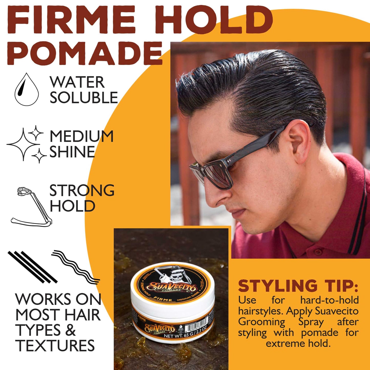 Suavecito Pomade Firme (Strong) Hold 2.3 oz, 1 Pack - Pomade For Men - Medium Shine Water Based Wax Like Flake Free Hair Gel - Easy To Wash Out - All Day Hold For All Hair Styles