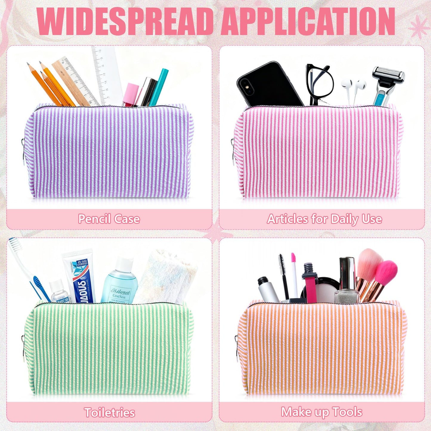 Giesiery 8 Pcs Seersucker Makeup Bags Striped Cosmetic Bags Bulk Organizer for Women Preppy Travel Toiletry Pouch for Wedding Bridesmaid Gifts (Mixed Color, Medium)