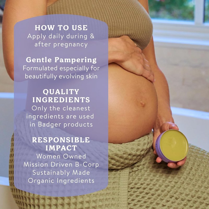 Organic Stretch Mark Cream - Badger Belly Butter with Cocoa & Coconut | Hypoallergenic Moisturizer, 2 oz Tin