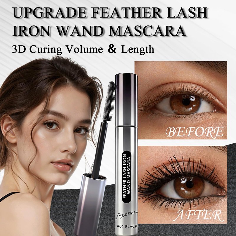 Feather Lash Iron Wand Mascara, Dual-Wing Brush Metal Mascara Wand, Primer & Topcoat 2-in-1, Extreme Waterproof, 3D Curling Volume & Length, Ideal for Swimming & All-Day Wear (Black)