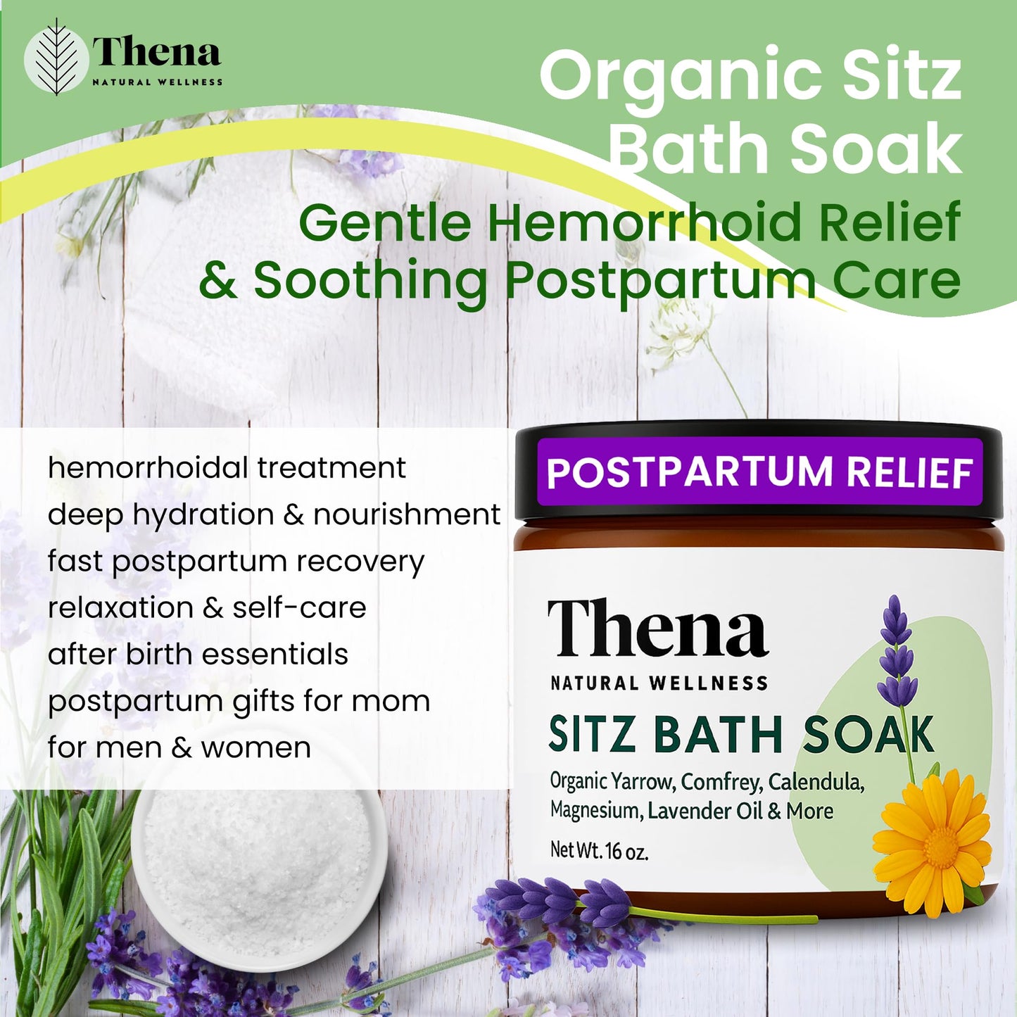 Best Organic Sitz Bath Soak Postpartum Care and Post Partum Essentials, Natural Hemorrhoid Treatment for Women & Moms with Epsom Dead Sea Salt Witch Hazel, Sitz Bath for Toilet, Thena
