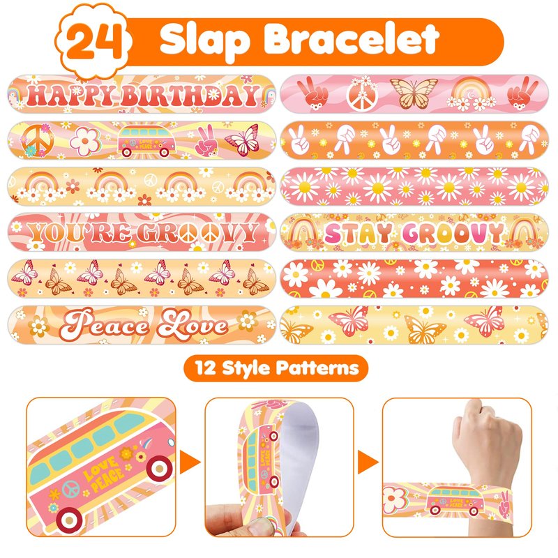 Cherisnowy 48PCS Groovy Party Set - 24PCS Temporary Tattoos & 24PCS Slap Bracelets - 70s Retro Birthday Supplies, Baby Shower Gifts, Classroom Rewards & Party Decor for Kids (Boys & Girls)