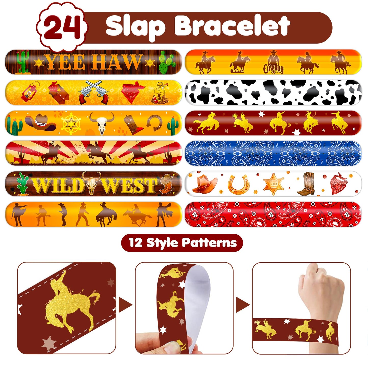 48PCS Cowboy Party Set - 24PCS Temporary Tattoos & 24PCS Slap Bracelets - Wild West-Themed Birthday Supplies, Baby Shower Gifts, Classroom Rewards & Party Decor for Kids (Boys & Girls)