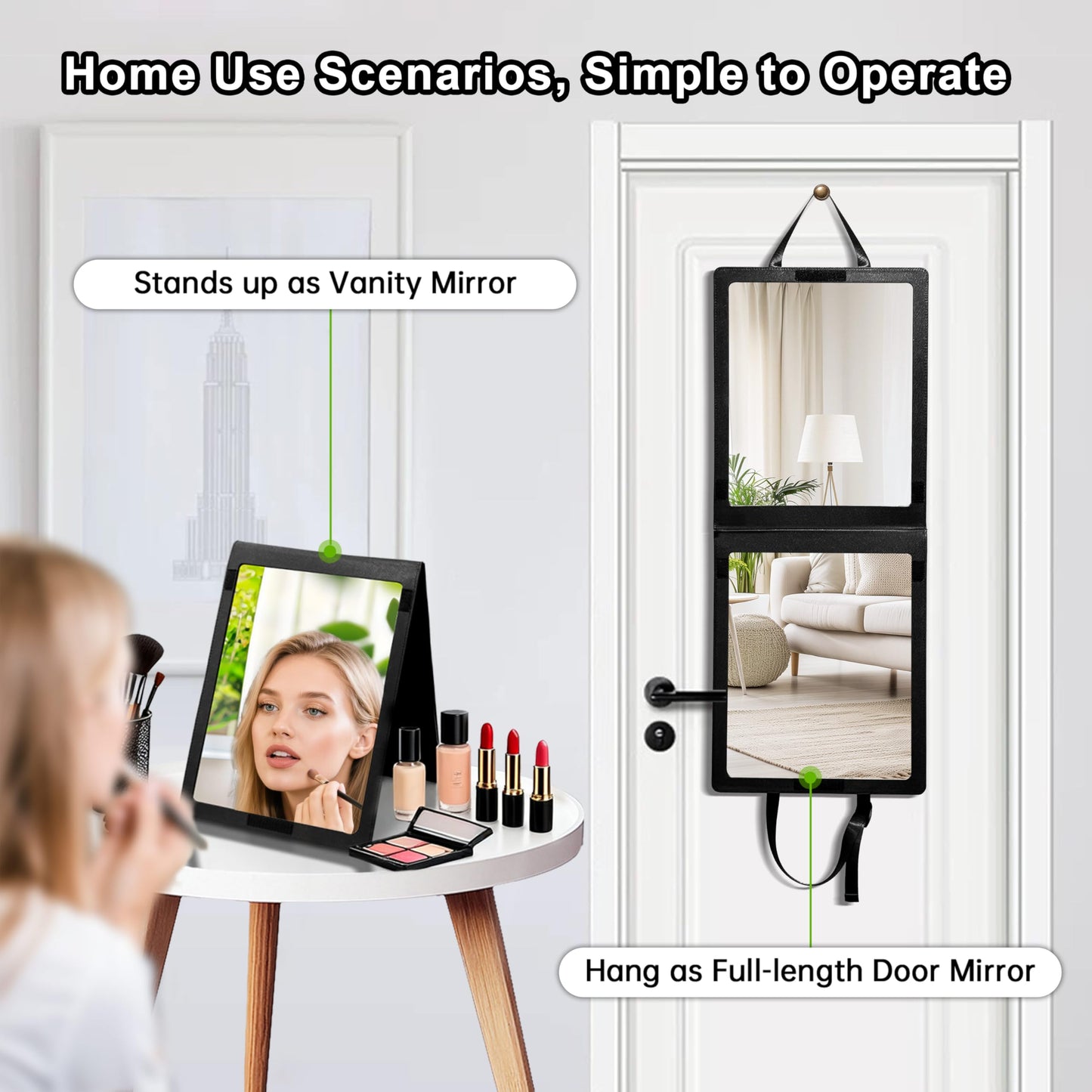 Adzyz Foldable Portable Full Length Mirror, 33x13 Inch Hanging Shatterproof Travel Mirror for Camping, Travel, Dancers - Black Hanging Folding Dance Mirror