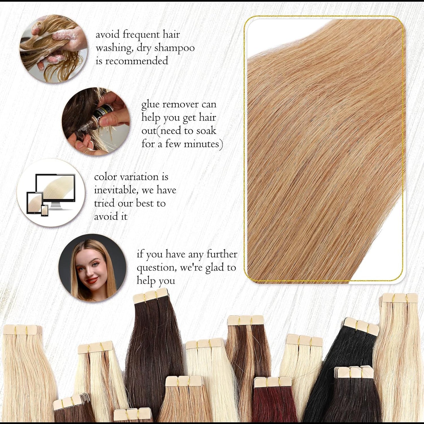 Tape-In Hair Extensions - 20pcs Human Hair Seamless Weft - #27 Dark Blonde, 16" Length