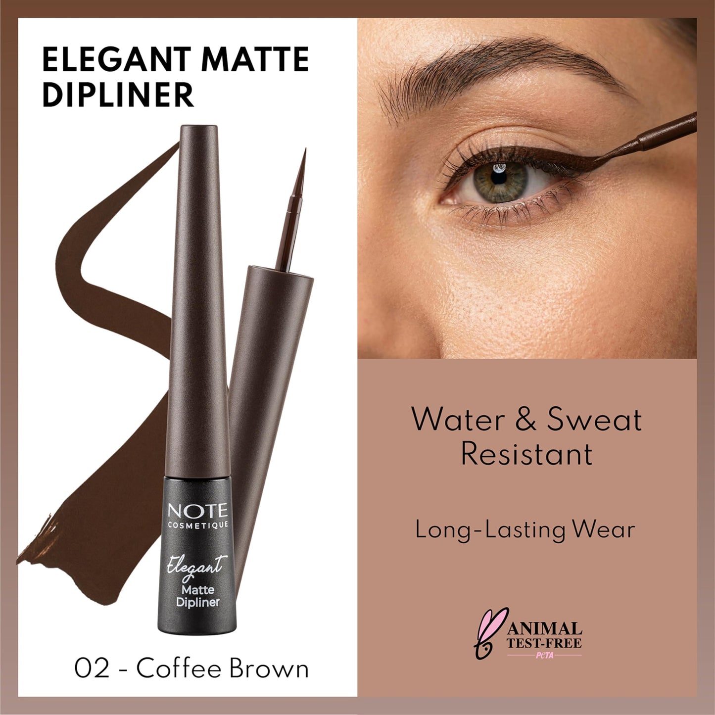 NOTE Cosmetique Elegant Matte Dipliner - Smudgeproof Liquid Eyeliner with Felt Tip - Waterproof Eyeliner - 02 Coffe Brown - 0.085 oz