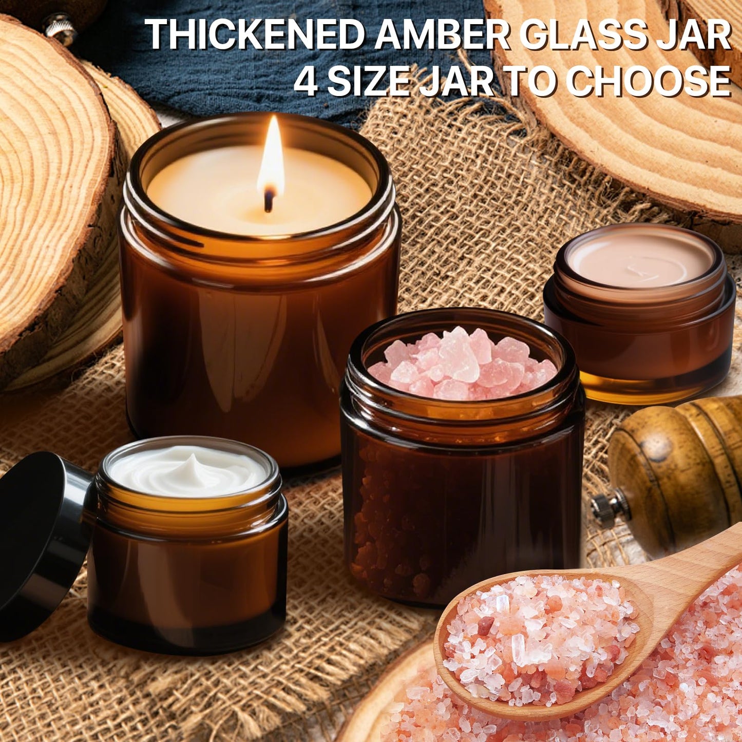 Amber Glass Jars with Lids, 8oz 4oz 2oz 1oz Glass Cosmetic Jars with Inner Liners, Labels & Spatulas, Reusable Lotion Containers for Creams, Body Butter, Scrubs, DIY Cosmetics – 16 Pack