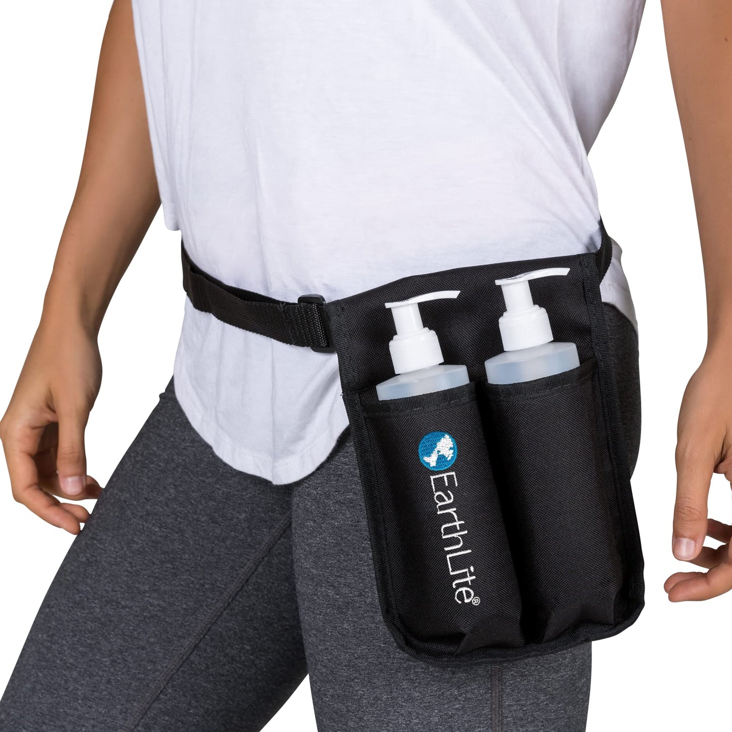 EARTHLITE Massage Bottle Double Holster Kit - Incl. 2 Bottles, Heavy Duty Strap, Adjustable for Massage Oil & Massage Lotion (2X 8oz)
