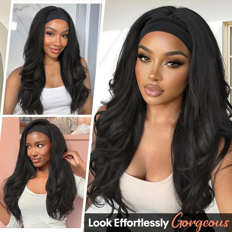Lady Miranda 26 Inch Yaki Wavy Headband Wigs for Black Women Wear and Go Kinky Straight Headband Wig with Layered Blowout Texture Lightweight Glueless Half Wig Natural Looking Synthetic Wig