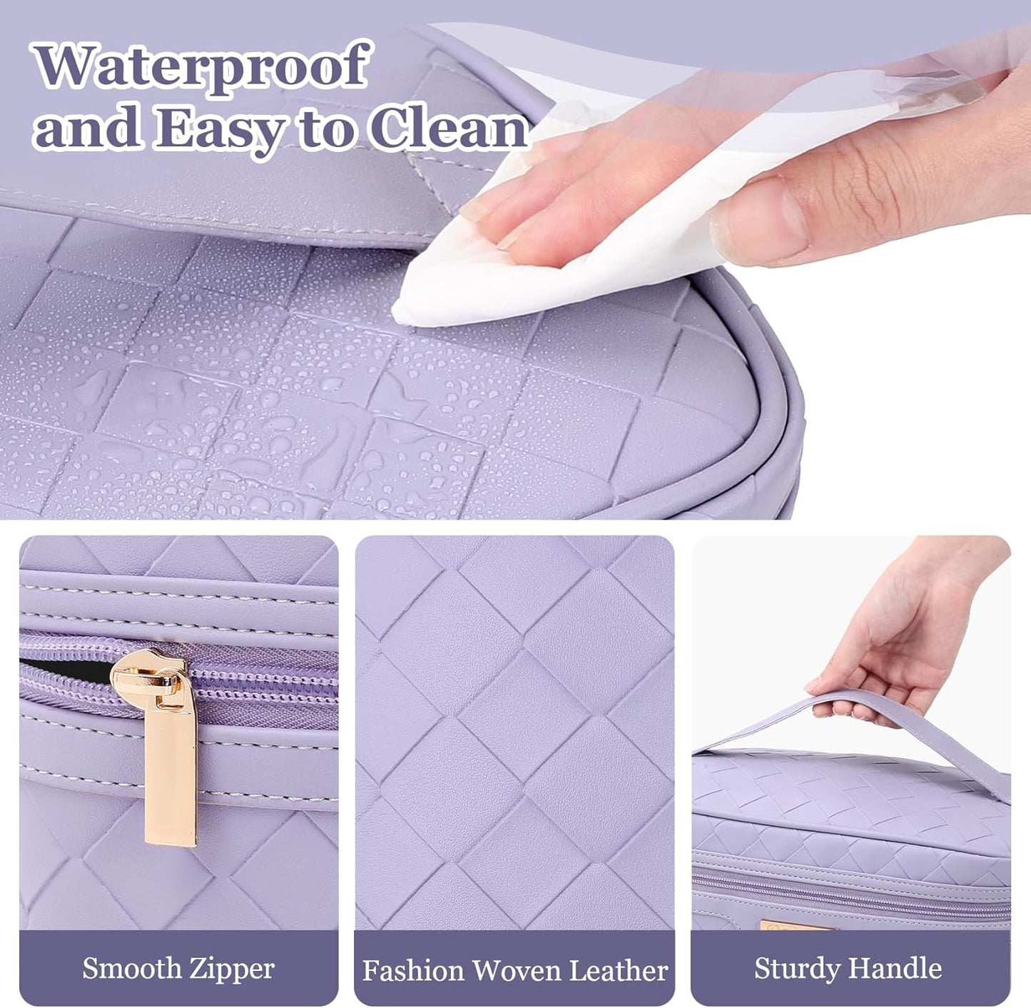 Makeup Bag - Large Capacity Travel Cosmetic Organizer | Waterproof PU Leather - 11.81 x 6.7 x 7.09 Inch (Purple)