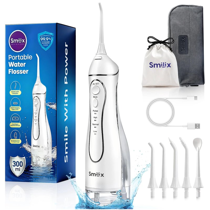 Cordless Water Flosser for Teeth Cleaning & Braces, Portable Dental Flosser 300ML, USB-C Fast Charge, IPX7 Waterproof, 4 Cleaning Modes, 5 Tips, Travel Case – Smilix