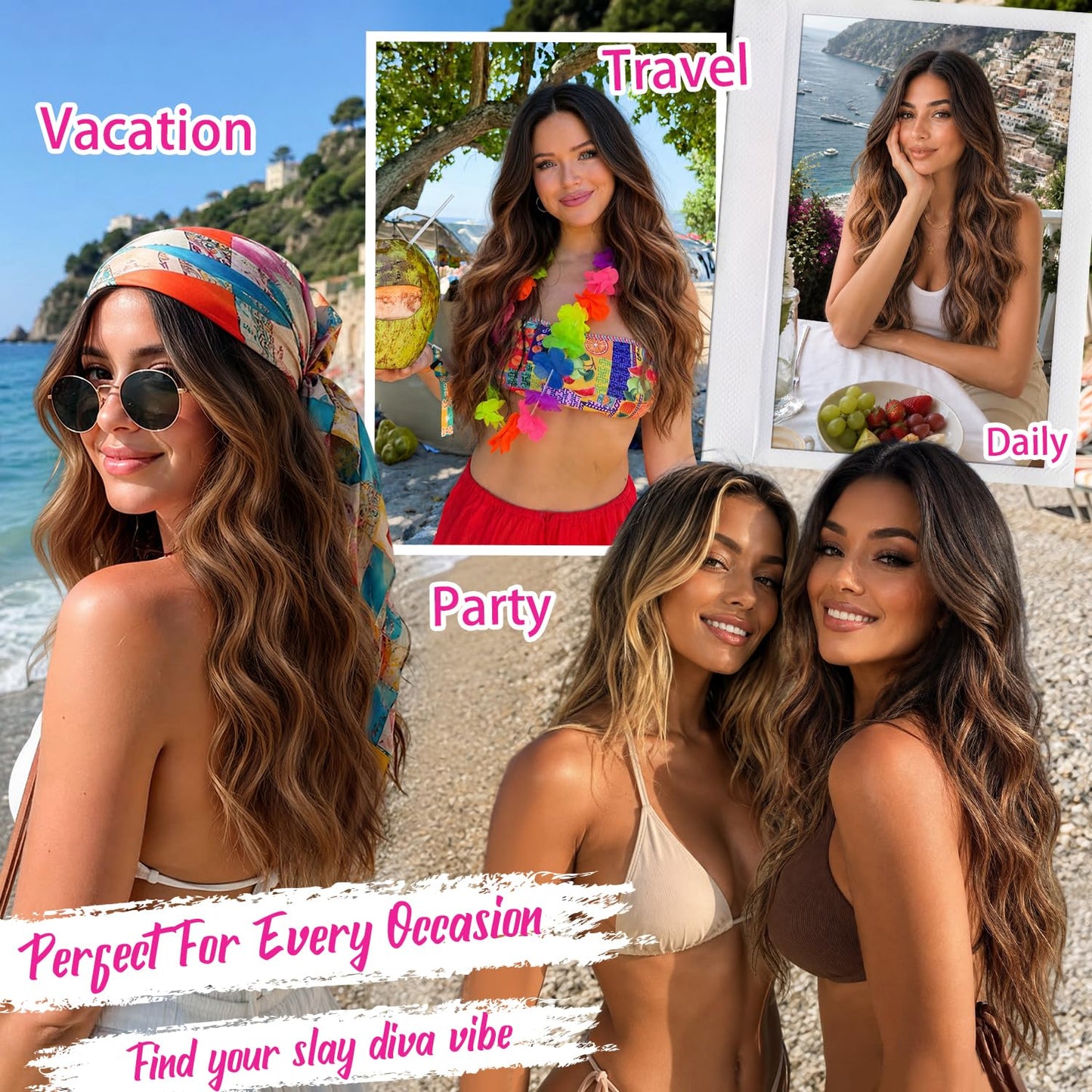 Nnzes Long Brown Highlight Wavy Wig 4x1 Lace Natural Hairline Middle Part Curly Heat-Resistant Synthetic Fiber for Women & Beginners Daily Party Use 26In