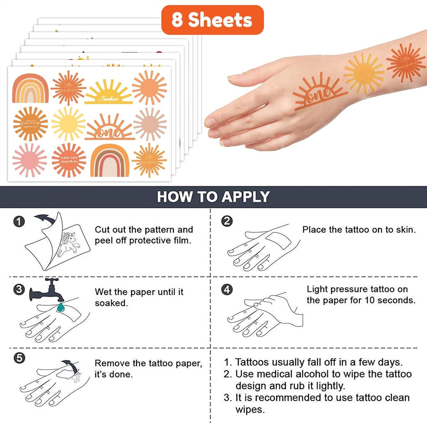 Sun Temporary Tattoos for Kids - 96 Cute Sun Stickers for Birthday Parties | Classroom Rewards & Summer Fun