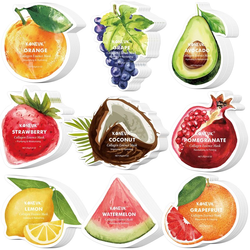 KONEUK 72 Pack Fruit Shaped Sheet Face Mask, Mothers Day Gifts for Mom, Collagen Hydrating Face Masks Skincare for All Skin Types, Bulk Teacher Gifts and Spa Party Gifts(9 Types x 8 Pcs)