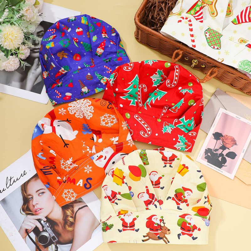6 Pcs Christmas Bouffant Scrub Cap with Buttons Adjustable Working Hats Surgical Cap with Sweatband for Women Men