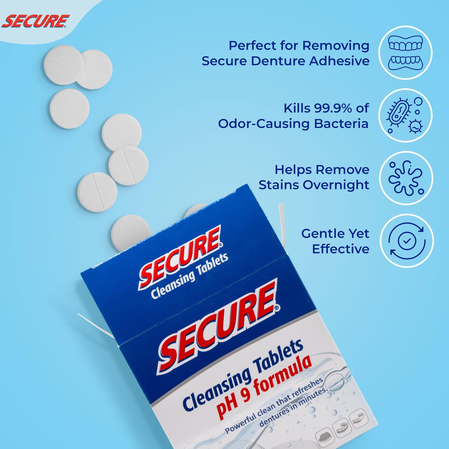 Secure Daily Cleansing Tablets - pH 9 Formula Thoroughly Cleans Dentures - Fights Odors, Stains & Germs - For Dentures, Nightguards, Retainers & Partials - 32 Tablets (4 Pack)