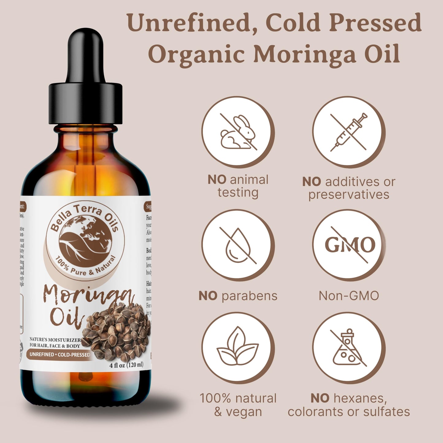 Bella Terra Oils - Natural Moringa Seed Oil 8 oz - A Symphony of Nutrients & Fatty Acids, Elevating Beauty Rituals with Natural Nourishment