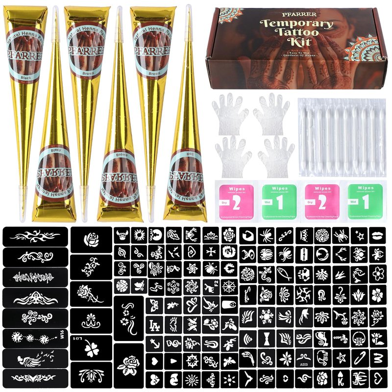 Temporary Tattoos Stencils Kit,Temporary Tattoos Kit - 6 Pcs 3 Color(3 Brown 2 Black 1 Red) Ink with Gloves,DIY Body Art Painting for Women Men Adults TA636KIT