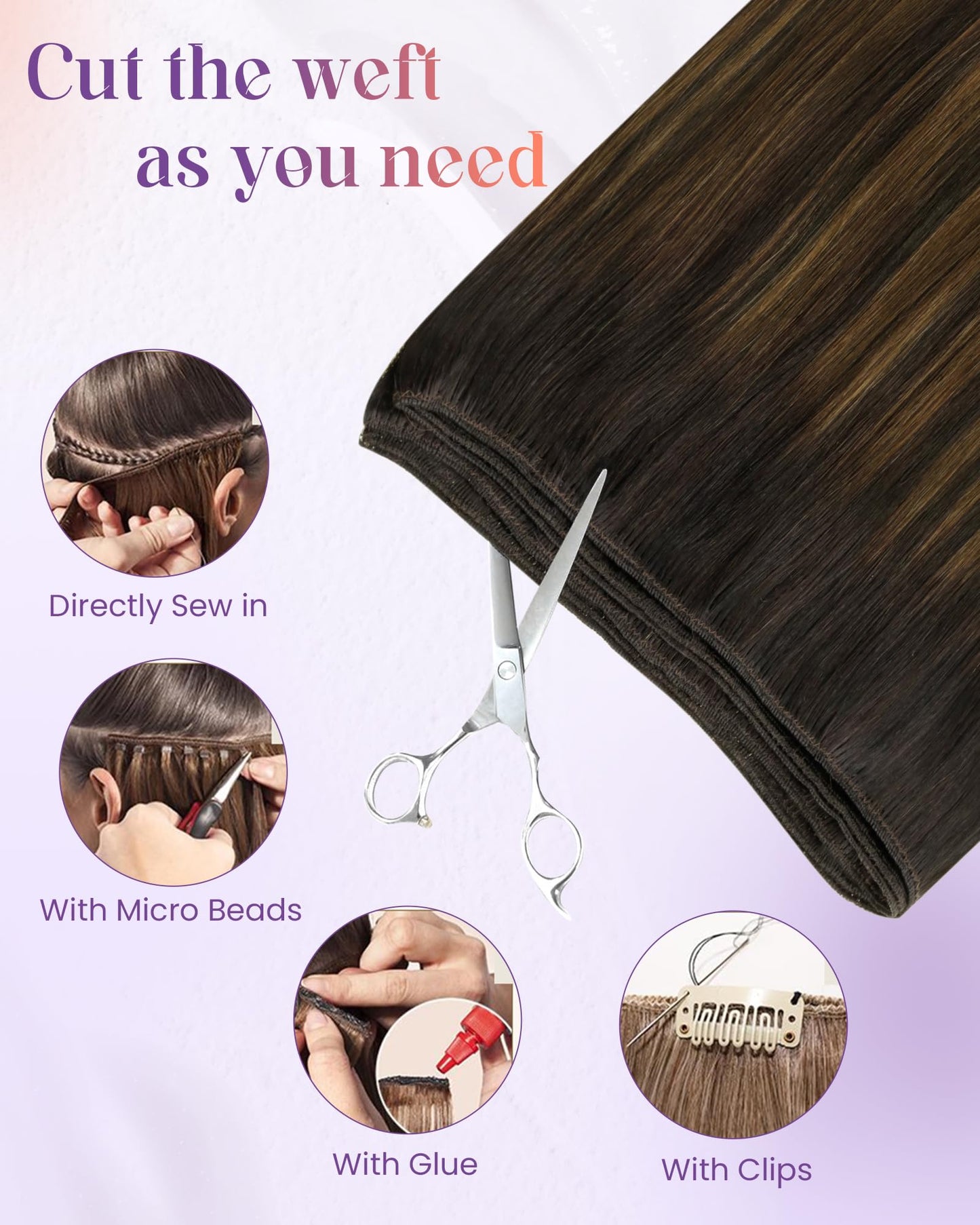 LaaVoo Weft Hair Extensions Human Hair Ombre Sew in Hair Extensions Dark Brown Mix Light Brown Hair Weft Extensions Silky Straight 12 Inch 80g
